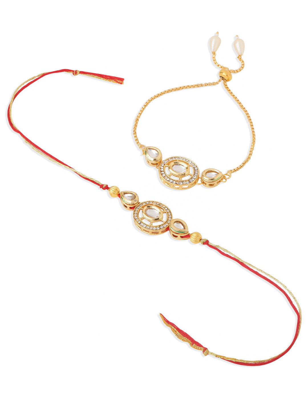NVR Set of 2 Gold Toned Kundan Studded Bhaiya Bhabhi Rakhi with Roli Chawal Chandan & Mishri