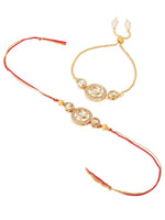 Thumbnail for NVR Set of 2 Gold Toned Kundan Studded Bhaiya Bhabhi Rakhi with Roli Chawal Chandan & Mishri