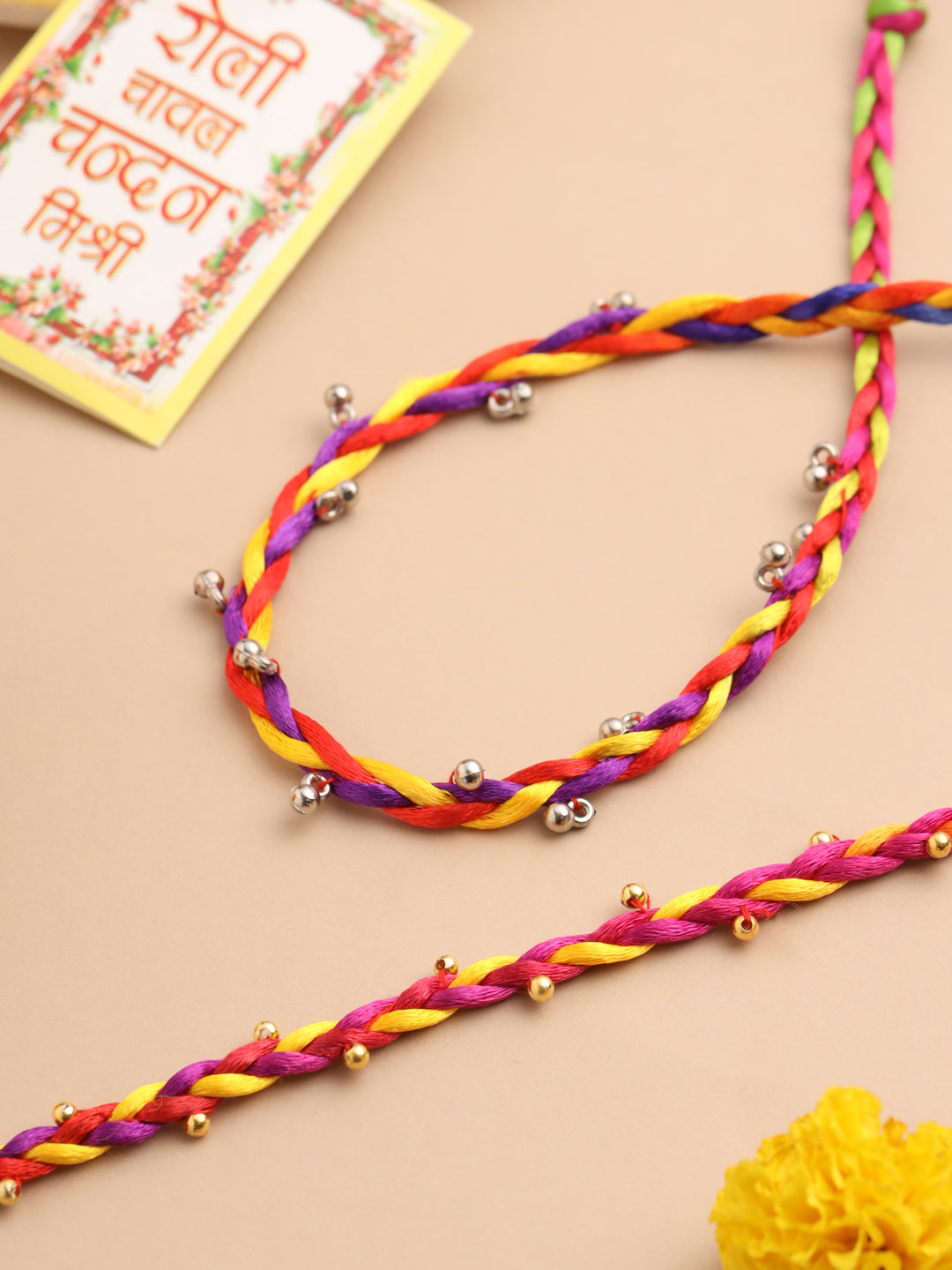 NVR Men Multicolor Artificial Beads Thread Rakhi with Roli Chawal Chandan & Mishri - Distacart