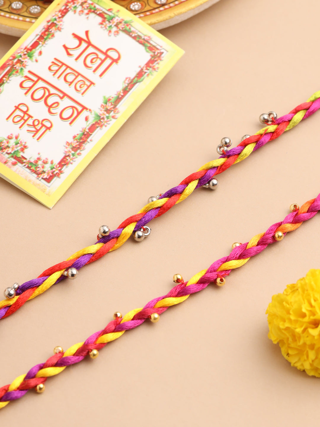 NVR Men Multicolor Artificial Beads Thread Rakhi with Roli Chawal Chandan & Mishri