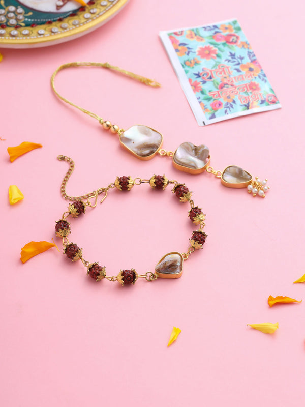 NVR Set of 2 Gold Toned Rudraksh & Pearls Bhaiya Bhabhi Rakhi with Roli Chawal Chandan & Mishri