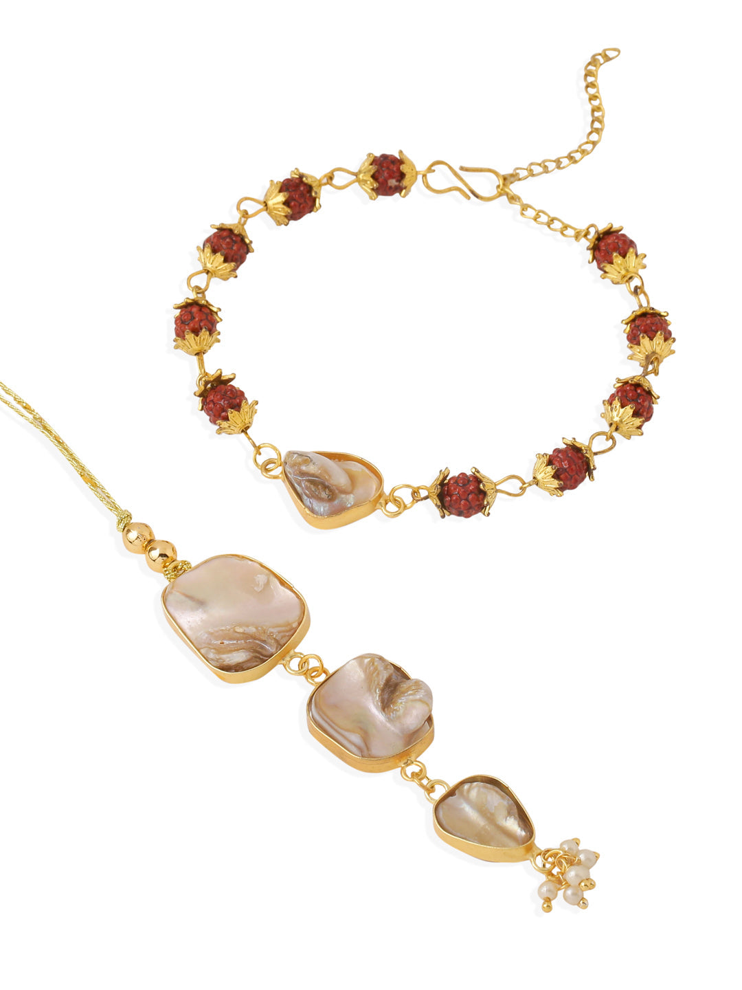 NVR Set of 2 Gold Toned Rudraksh & Pearls Bhaiya Bhabhi Rakhi with Roli Chawal Chandan & Mishri - Distacart