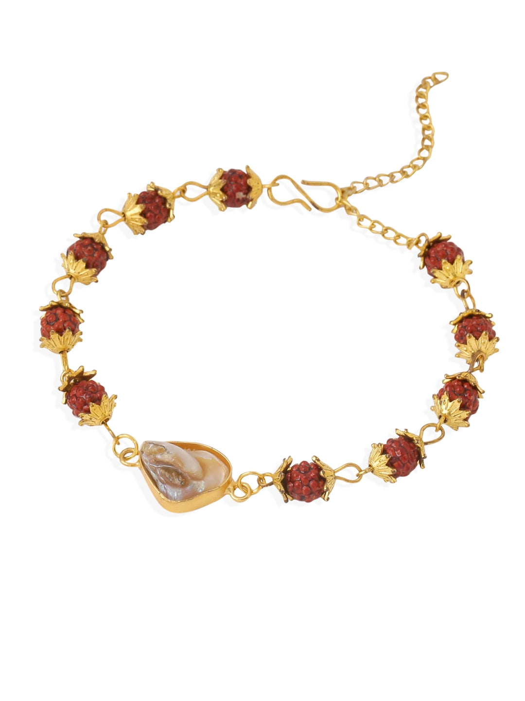 NVR Set of 2 Gold Toned Rudraksh & Pearls Bhaiya Bhabhi Rakhi with Roli Chawal Chandan & Mishri