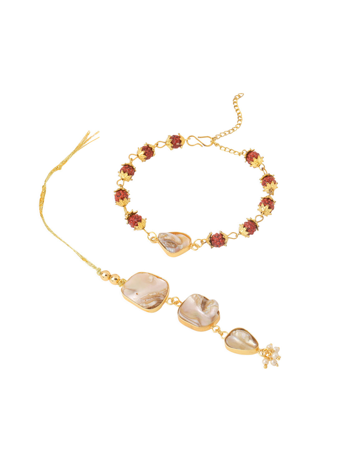 NVR Set of 2 Gold Toned Rudraksh & Pearls Bhaiya Bhabhi Rakhi with Roli Chawal Chandan & Mishri