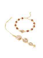 Thumbnail for NVR Set of 2 Gold Toned Rudraksh & Pearls Bhaiya Bhabhi Rakhi with Roli Chawal Chandan & Mishri