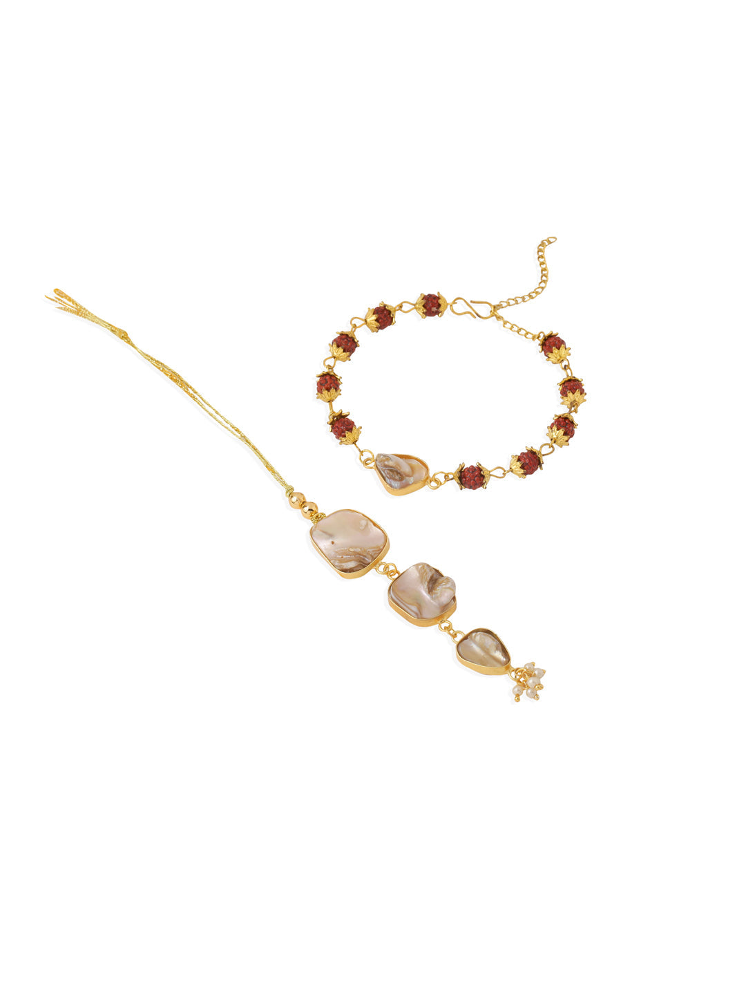 NVR Set of 2 Gold Toned Rudraksh & Pearls Bhaiya Bhabhi Rakhi with Roli Chawal Chandan & Mishri