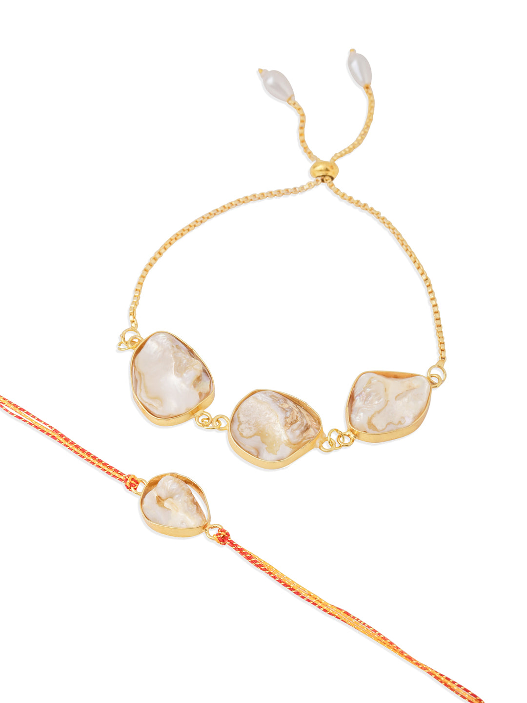 NVR Set of 2 Gold Toned Pearls Bhaiya Bhabhi Rakhi with Roli Chawal Chandan & Mishri
