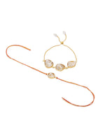 Thumbnail for NVR Set of 2 Gold Toned Pearls Bhaiya Bhabhi Rakhi with Roli Chawal Chandan & Mishri