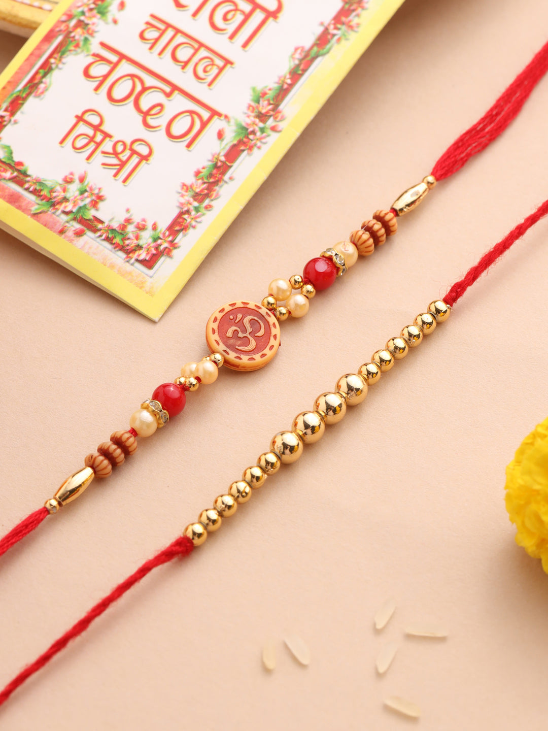 NVR Men's Set of 2 Red Religious Thread Rakhi with Roli Chawal Chandan & Mishri - Distacart