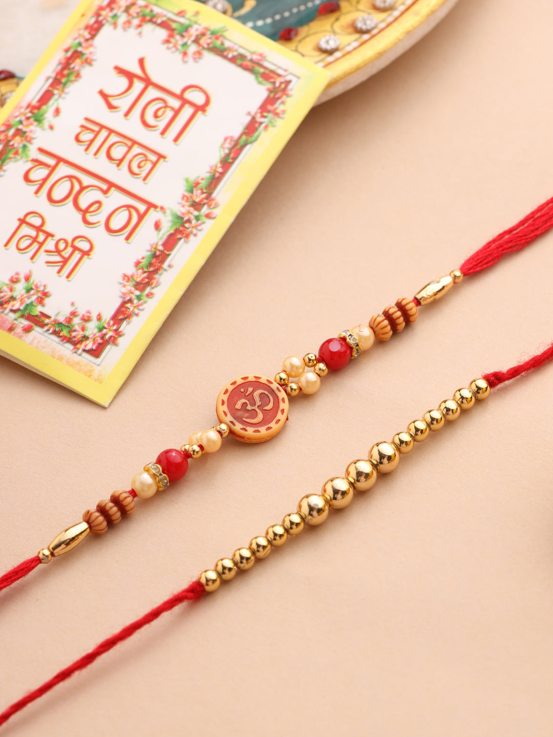 NVR Men's Set of 2 Red Religious Thread Rakhi with Roli Chawal Chandan & Mishri