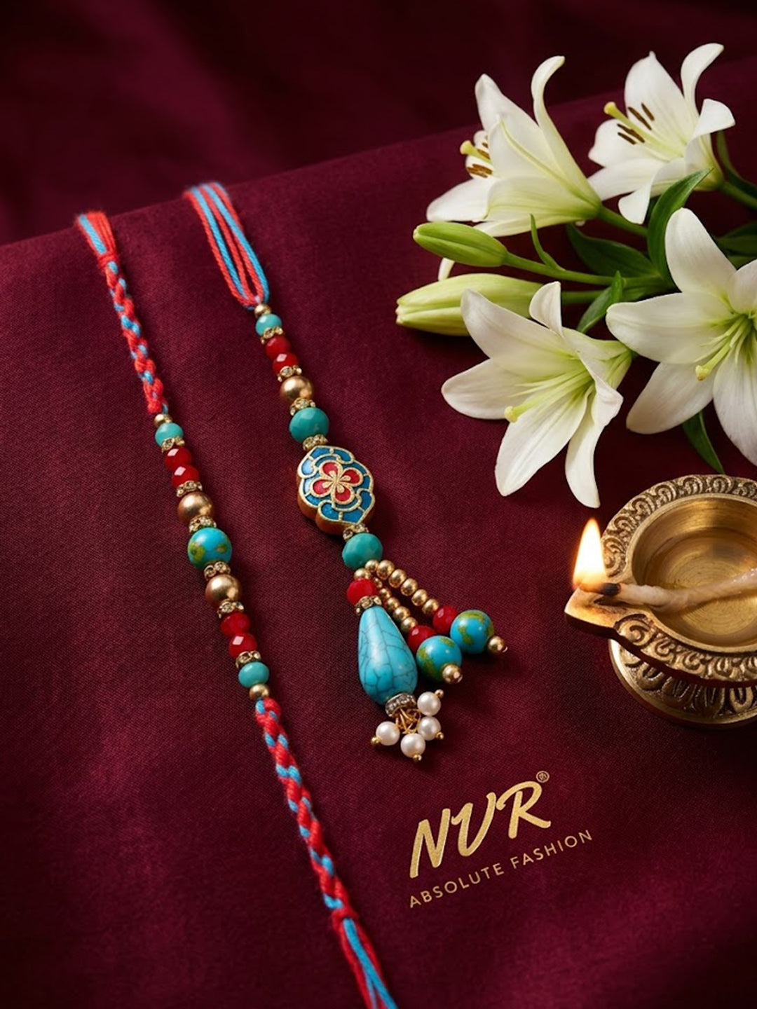 NVR Set of 2 Multicolor Artificial Beads Bhaiya Bhabhi Thread Rakhi With Roli Chawal - Dista