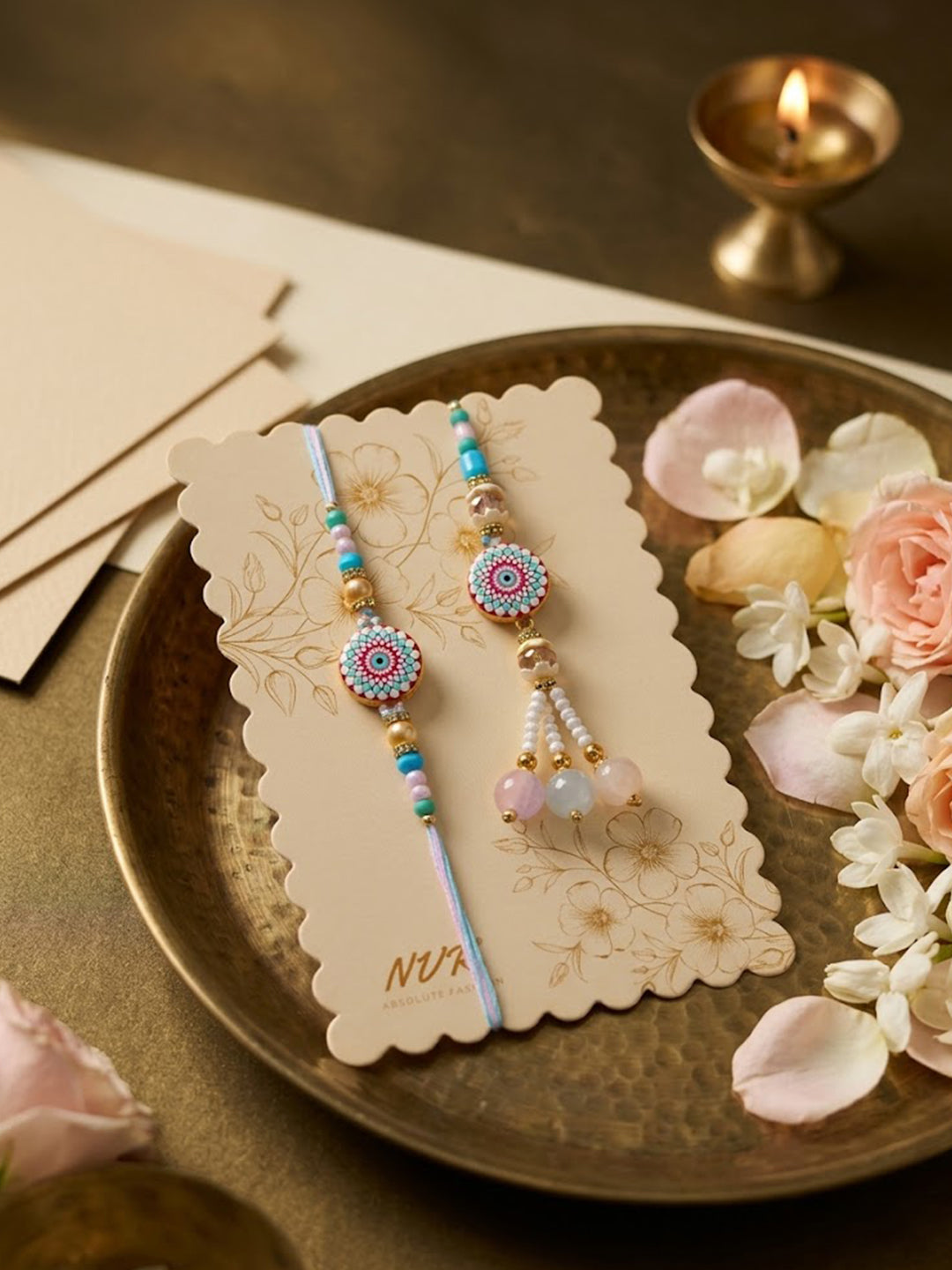 NVR Set of 2 Floral Design Bhaiya Bhabhi Rakhi with Roli Chawal Chandan Mishri - Dista