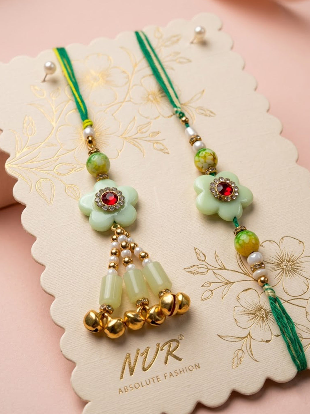 NVR Set of 2 Flower Shape Artificial Stones & Beads Bhaiya Bhabhi Rakhi With Roli Chawal - Dista