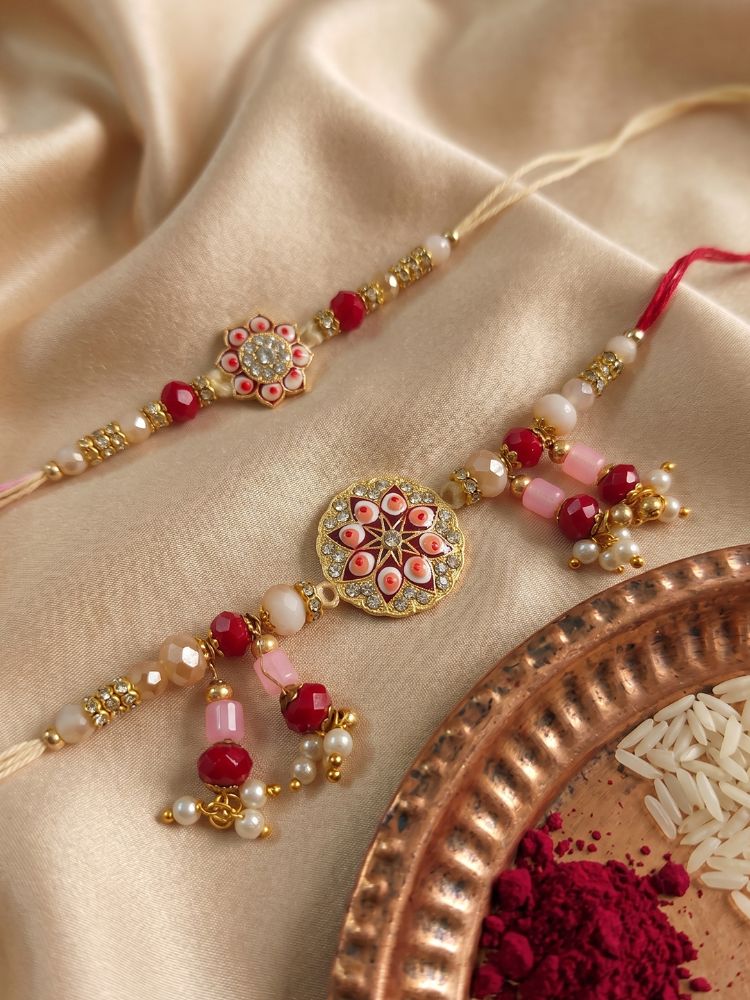 NVR Set of 2 Round Shape Artificial Stones & Beads Bhaiya Bhabhi Rakhi With Roli Chawal - Dista