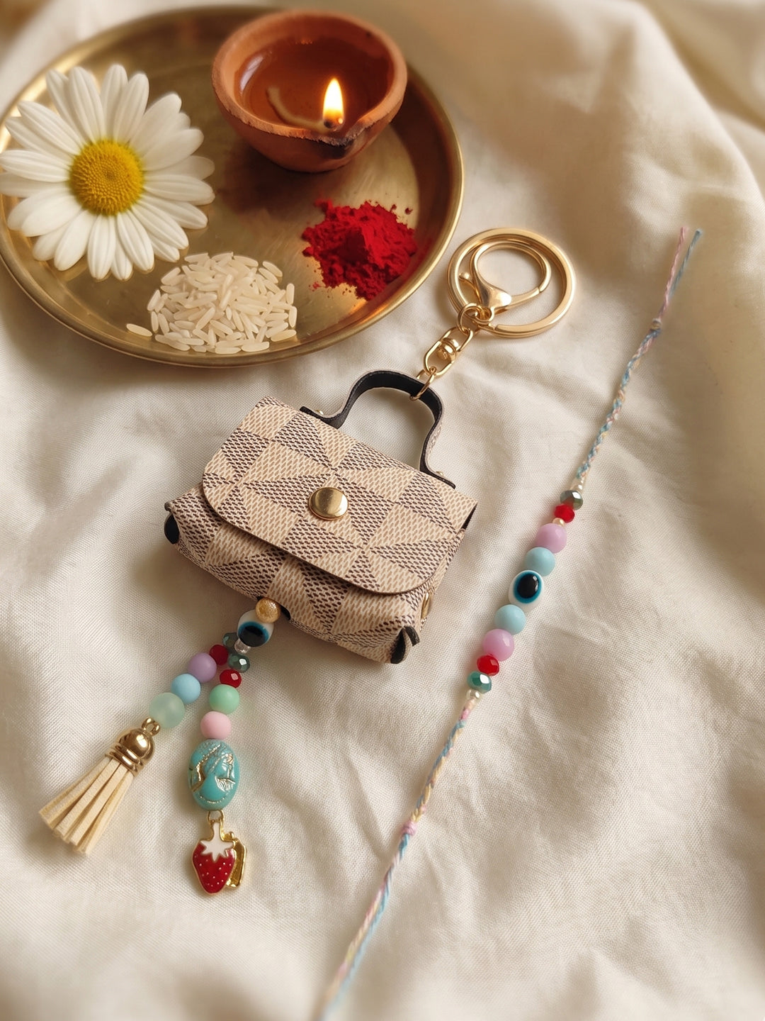 NVR Set of 2 Purse Design Evil Eye & Beads Bhaiya Bhabhi Rakhi With Roli Chawal - Dista