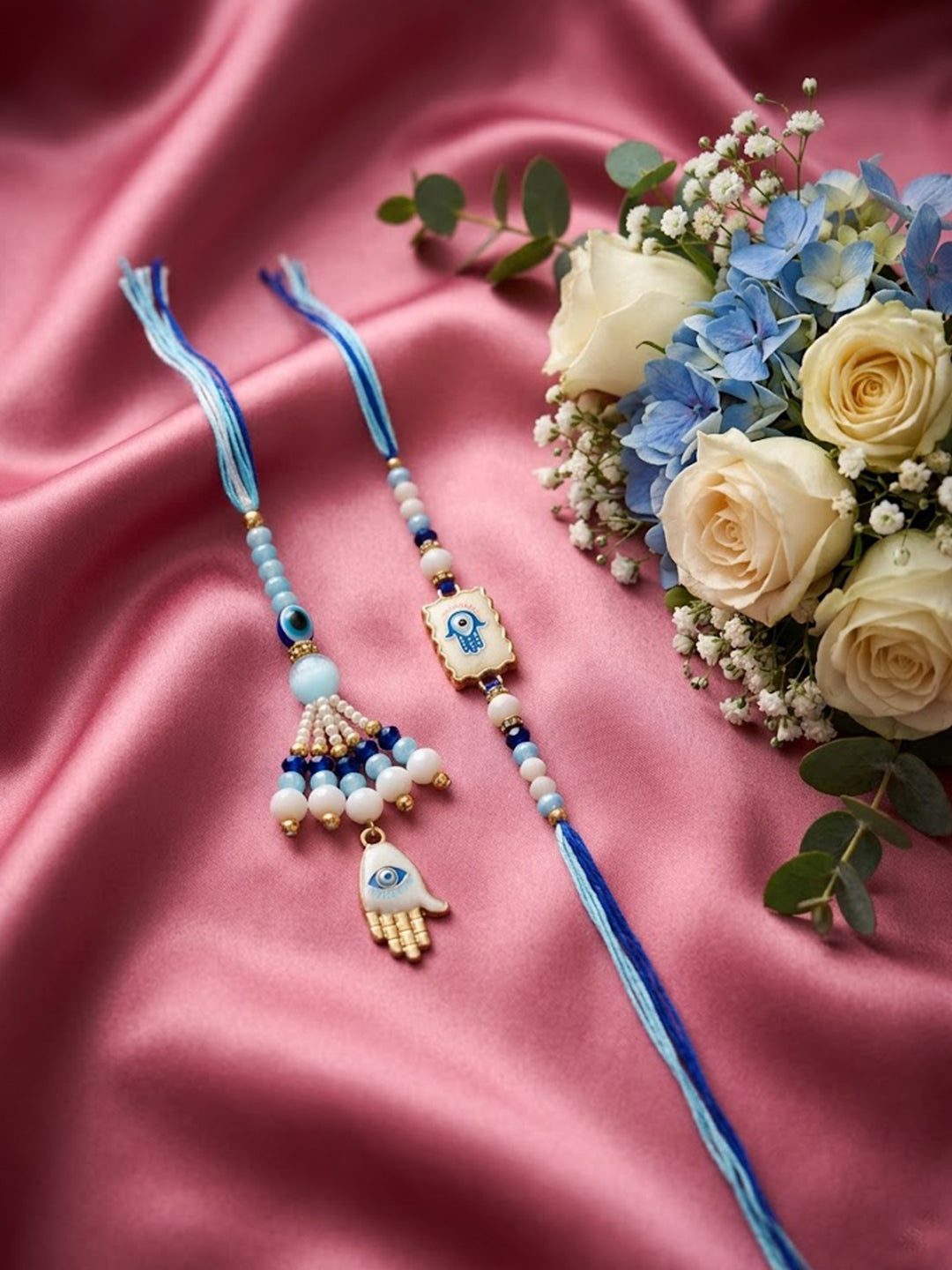 NVR Set of 2 Evil Eye Hand Design Bhaiya Bhabhi Rakhi with Roli Chawal Chandan Mishri - Dista