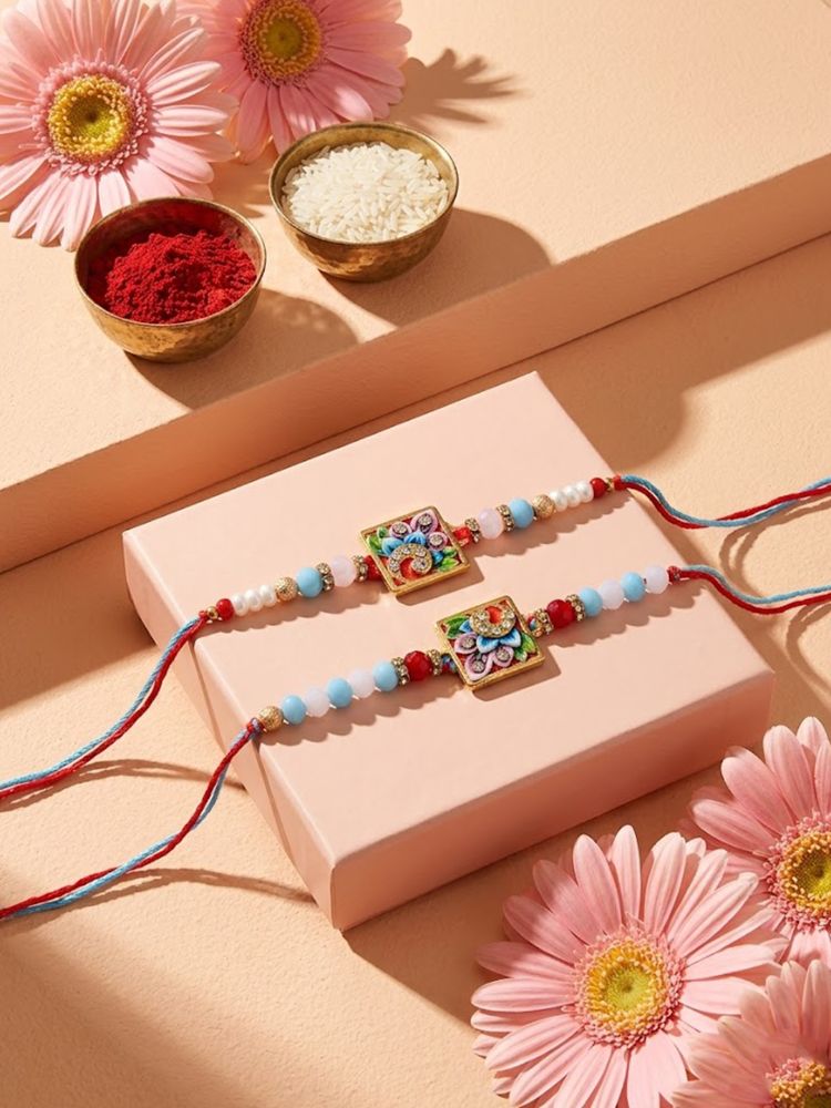 NVR Set of 2 Multicolor Artificial Beads Bhaiya Bhabhi Rakhi With Roli Chawal Chandan - Dista