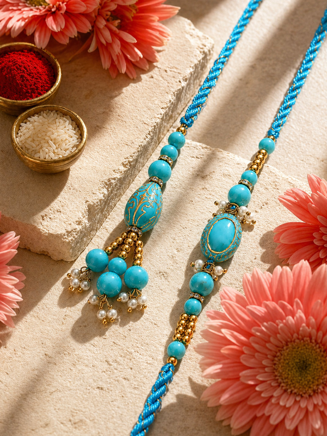 NVR Set of 2 Turquoise Blue Artificial Beads Bhaiya Bhabhi Rakhi with Roli Chawal Chandan - Dista
