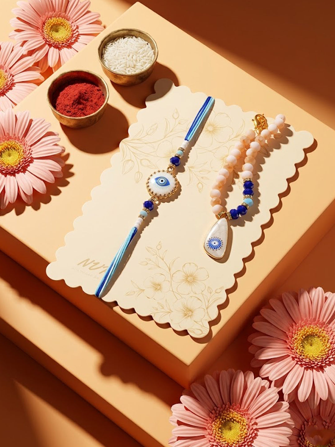NVR Set of 2 Gold Toned Evil Eye Beaded Bhaiya Bhabhi Rakhi With Roli Chawal Chandan - Dista