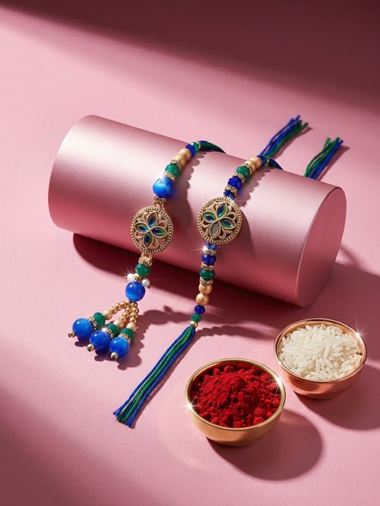 NVR Set of 2 Blue Artificial Beads Morpankh Style Bhaiya Bhabhi Rakhi with Roli Chawal - Dista