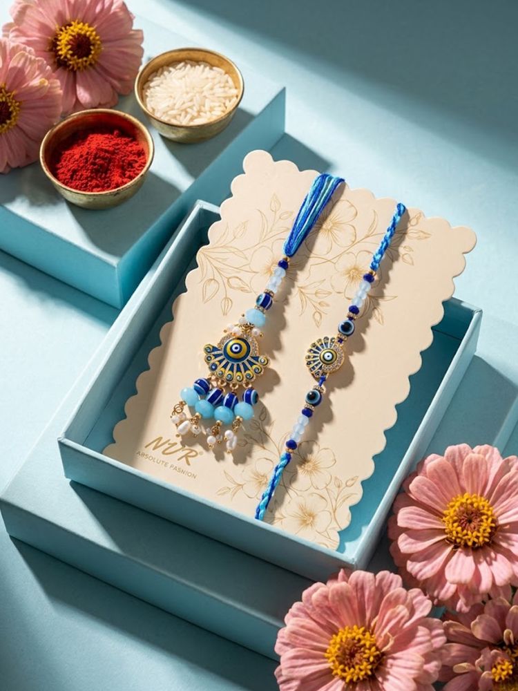 NVR Set of 2 Blue Evil Eye Artificial Beads Bhaiya Bhabhi Rakhi With Roli Chawal - Dista
