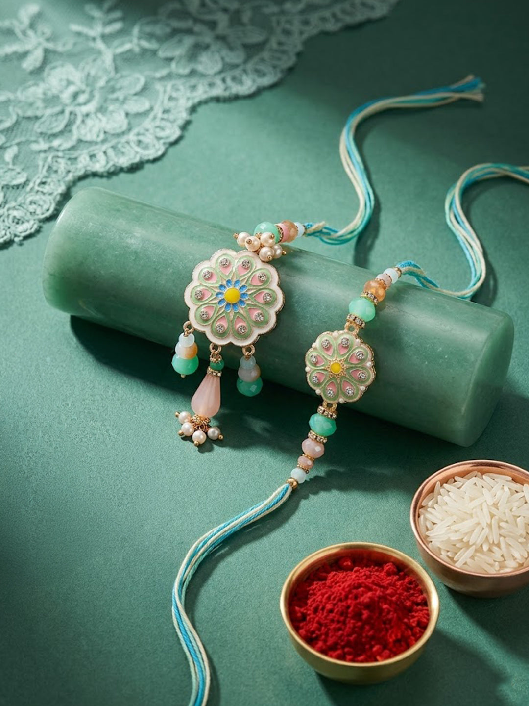 NVR Set of 2 Round Artificial Beads Traditional Bhaiya Bhabhi Rakhi with Roli Chawal - Dista