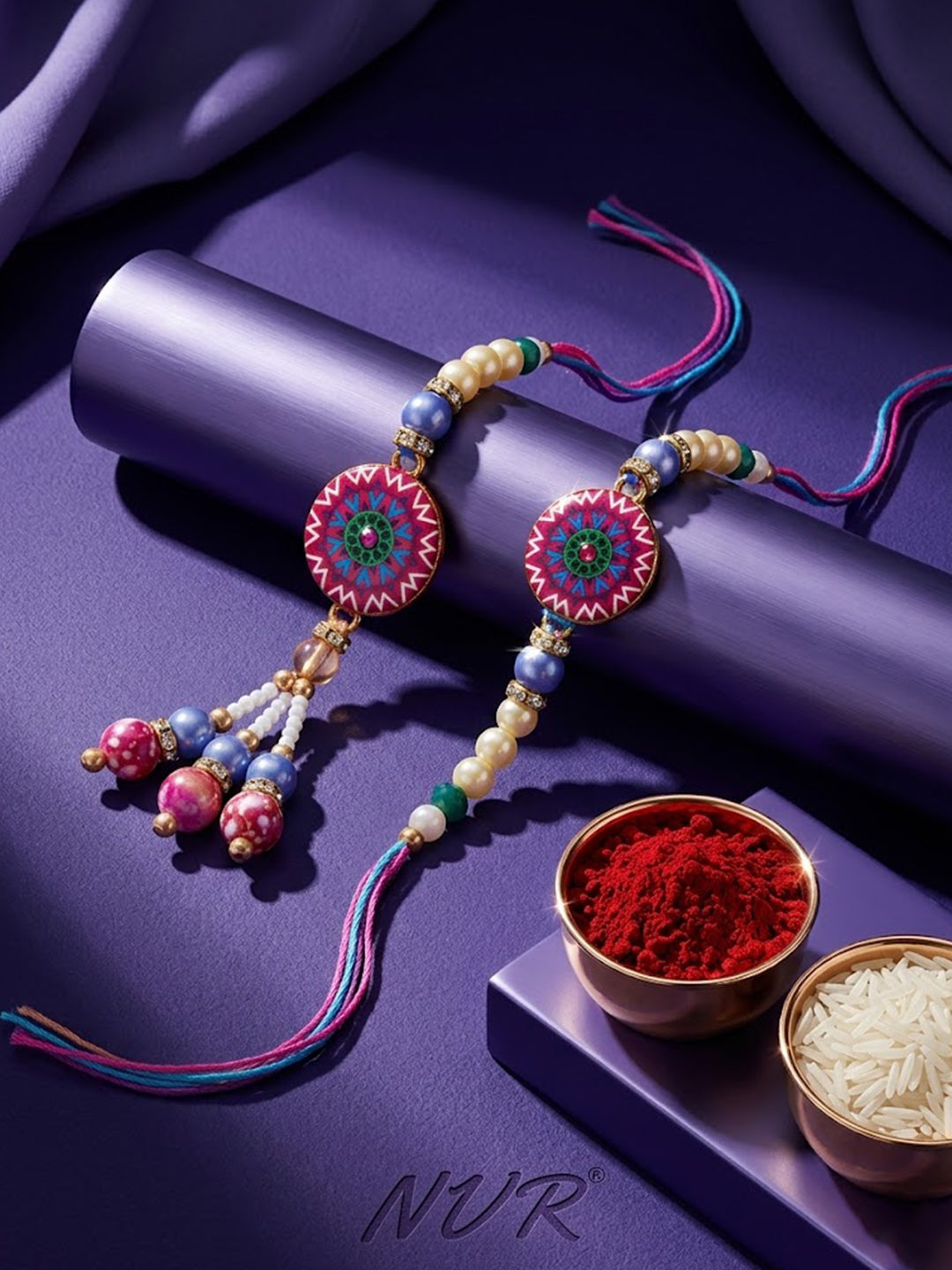 NVR Set of 2 Artificial Stones & Beads Floral Design Bhaiya Bhabhi Rakhi with Roli Chawal - Dista