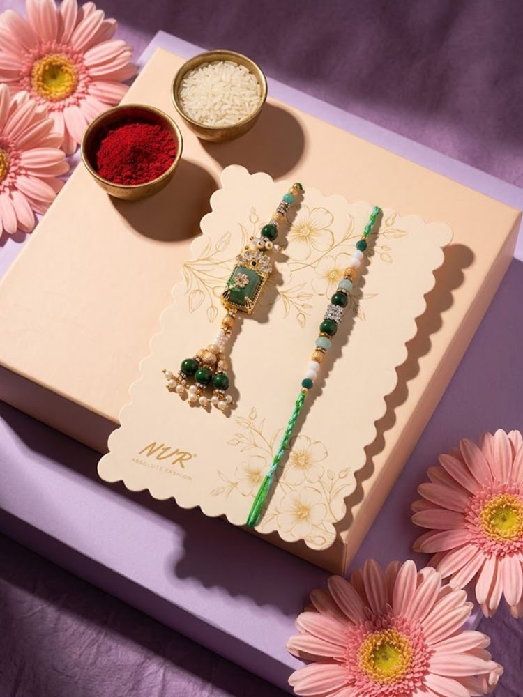 NVR Set of 2 Green Artificial Beads Traditional Bhaiya Bhabhi Rakhi with Roli Chawal - Dista