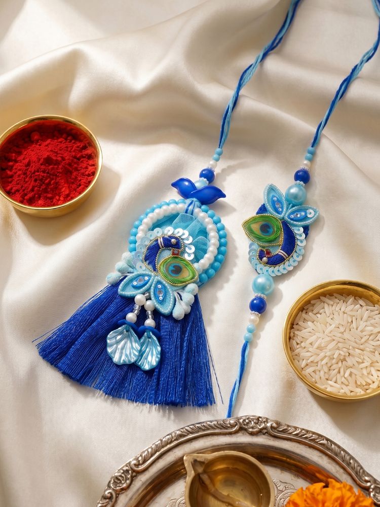 NVR Set of 2 Peacock Design Bhaiya Bhabhi Rakhi with Roli Chawal Chandan Mishri - Dista