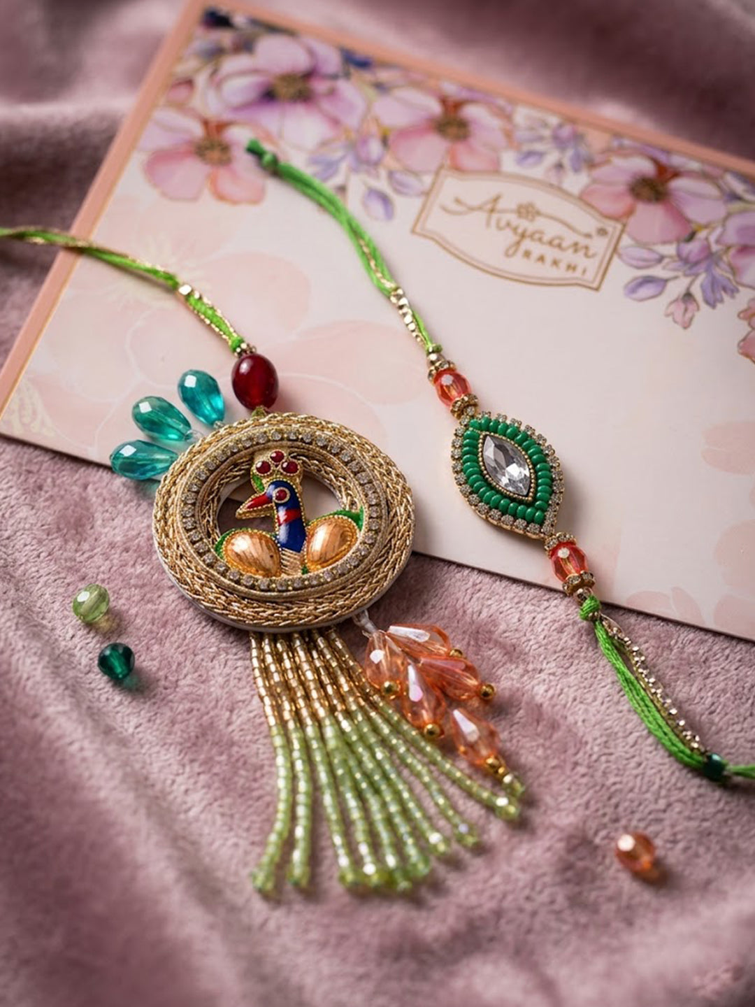 NVR Set of 2 Artificial Stones Designer Bhaiya Bhabhi Rakhi with Roli Chawal Chandan - Dista