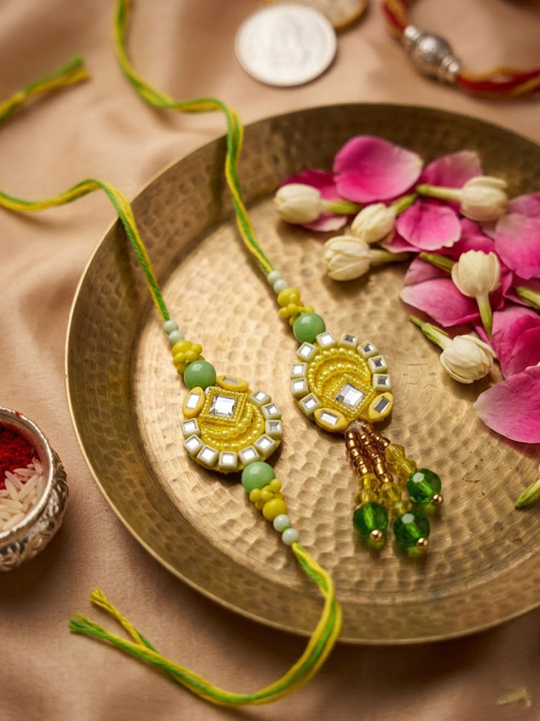 NVR Set of 2 Artificial Beads Mirror Work Bhaiya Bhabhi Rakhi With Roli Chawal Chandan - Dista
