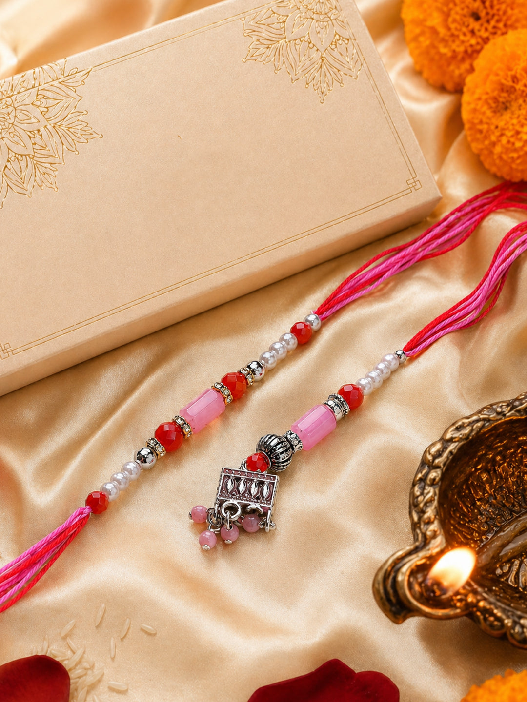 NVR Set of 2 Artificial Beads Jhumka Design Bhaiya Bhabhi Rakhi with Roli Chawal - Dista