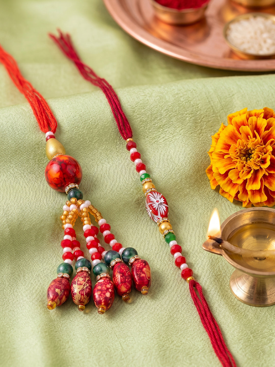 NVR Set of 2 Designer Red Artificial Beads Bhaiya Bhabhi Rakhi with Roli Chawal Chandan - Dista