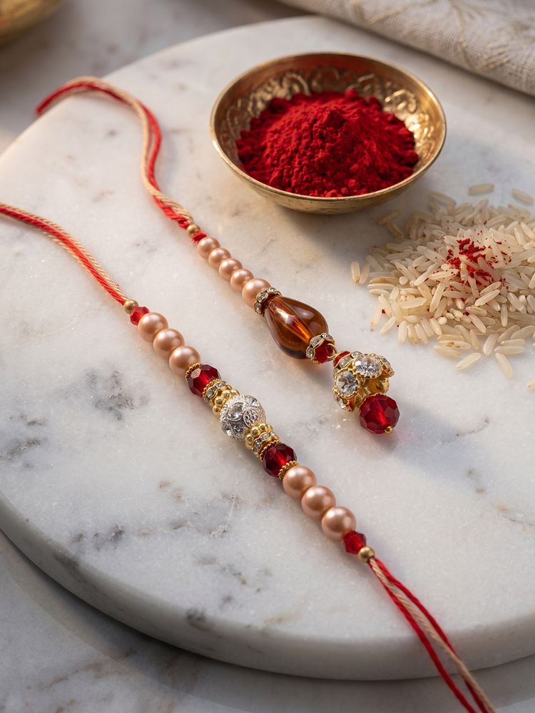 NVR Set of 2 Multicolor Artificial Stones & Beads Bhaiya Bhabhi Rakhi With Roli Chawal - Dista