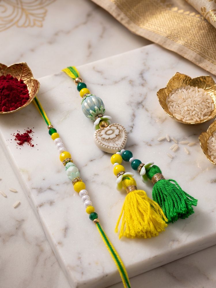 NVR Set of 2 Green & Yellow Beaded Heart Shape Bhaiya Bhabhi Rakhi with Roli Chawal - Dista