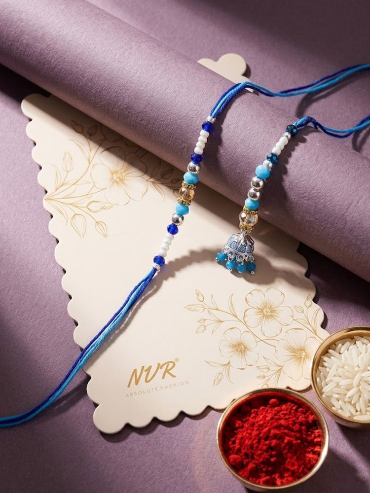 NVR Set of 2 Blue Artificial Beads Jhumka Design Bhaiya Bhabhi Rakhi with Roli Chawal - Dista