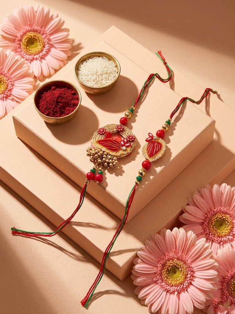 NVR Set of 2 Artificial Beads Bhaiya Bhabhi Rakhi with Roli Chawal Chandan Mishri - Dista