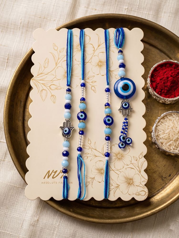 NVR Set of 4 Designer Blue Evil Eye Thread Rakhi with Roli Chawal Chandan Mishri - Dista