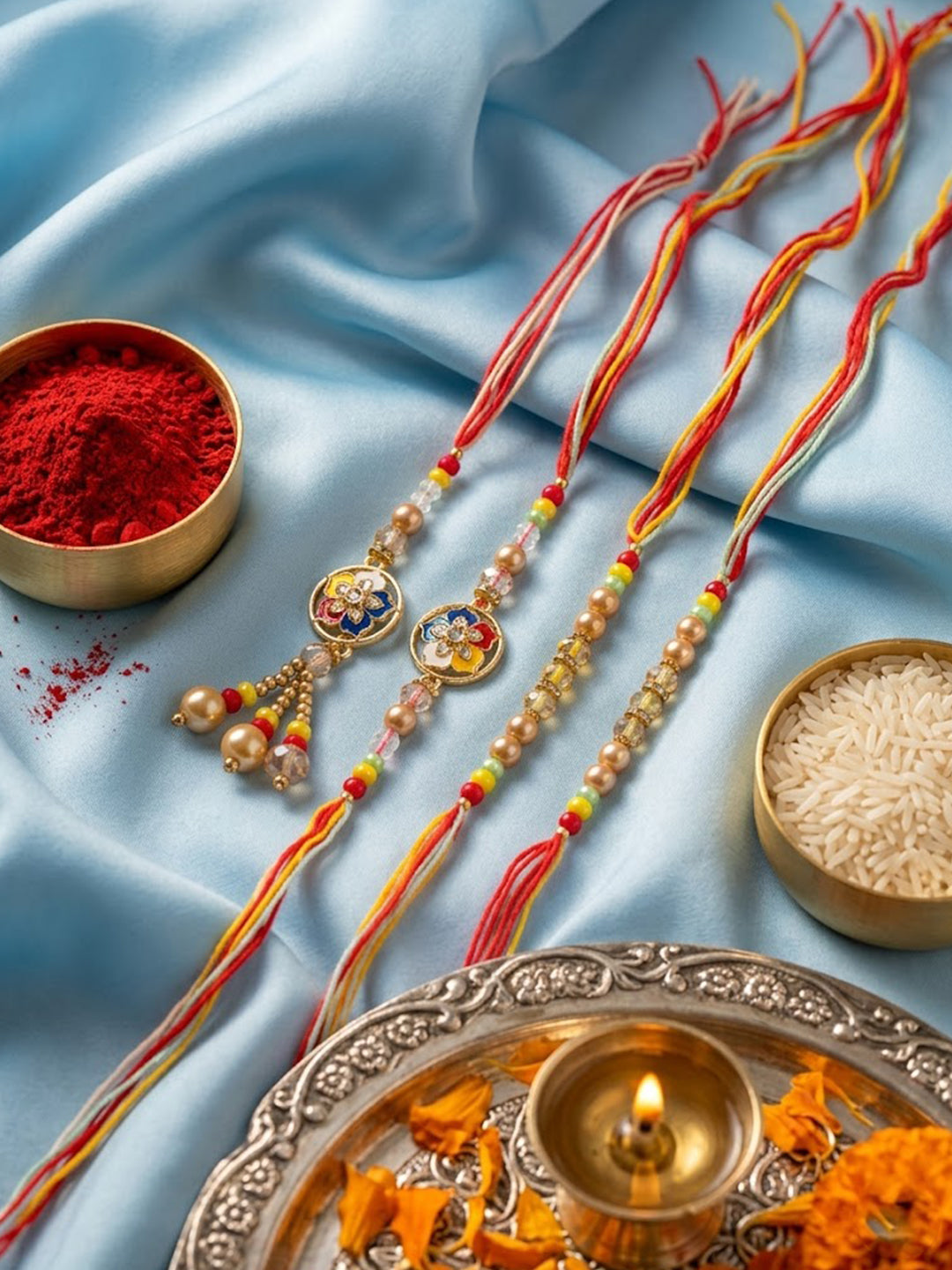 NVR Set of 4 Artificial Beads Family Pack Thread Rakhi with Roli Chawal Chandan Mishri - Dista