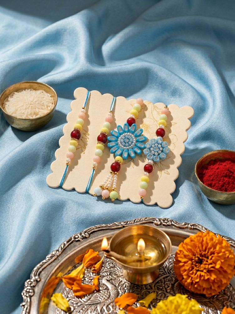 NVR Set of 4 Family Pack Beaded Thread Rakhi with Roli Chawal Chandan Mishri - Dista