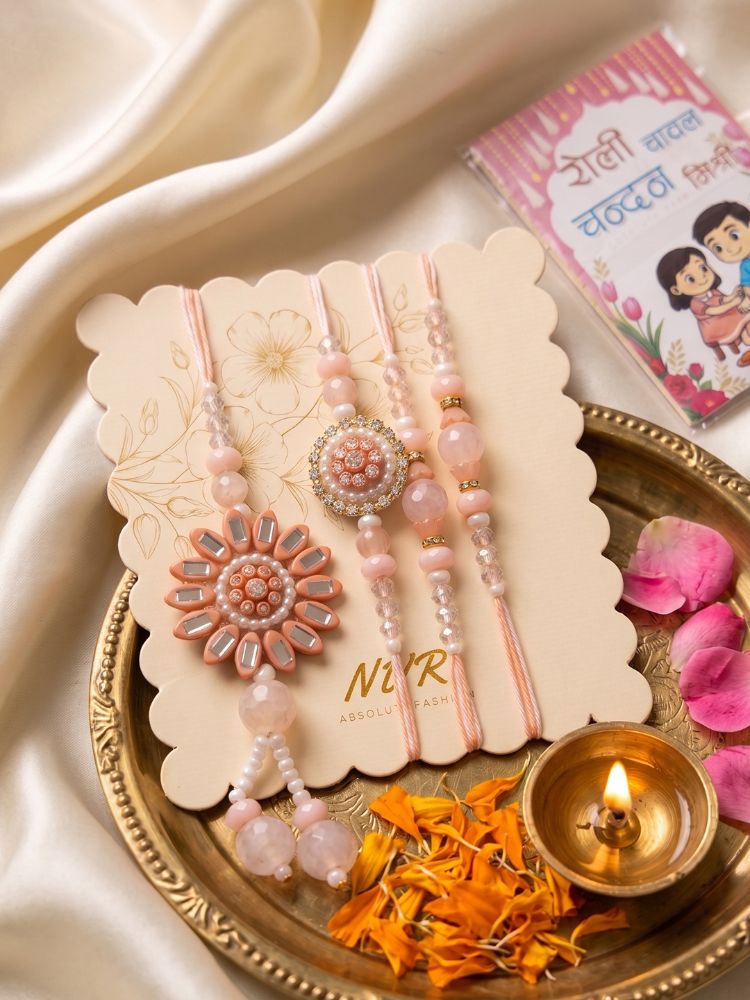 NVR Set of 4 Beaded Family Pack Thread Rakhi with Roli Chawal Chandan Mishri - Dista