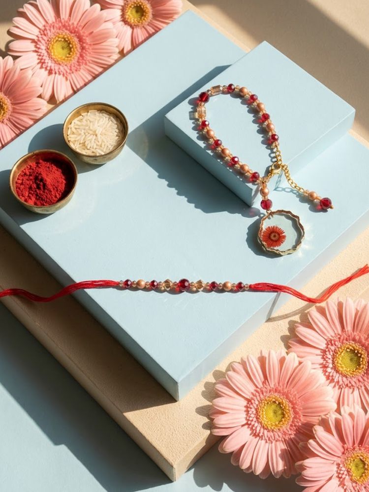NVR Set of 2 Gold Toned Red Artificial Beads Bhaiya Bhabhi Rakhi With Roli Chawal Chandan - Dista