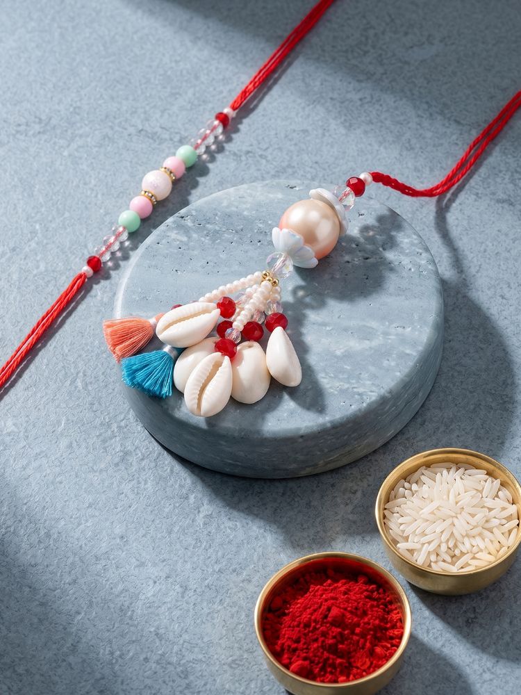 NVR Set of 2 Multicolor Artificial Beads & Sea Shell Bhaiya Bhabhi Rakhi with Roli Chawal - Dista