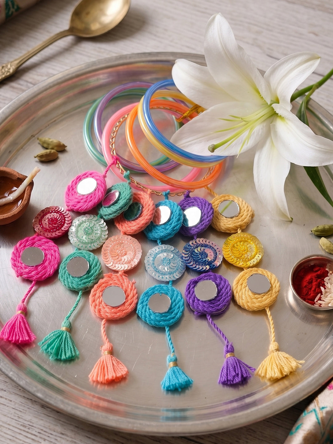 NVR Set of 2 Bangle Style Handcrafted Bhaiya Bhabhi Rakhi with Roli Chawal Chandan Mishri - Dista