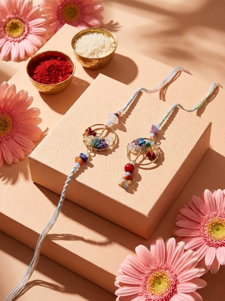 NVR Set of 2 Artificial Stones Bhaiya Bhabhi Rakhi with Roli Chawal Chandan Mishri - Dista