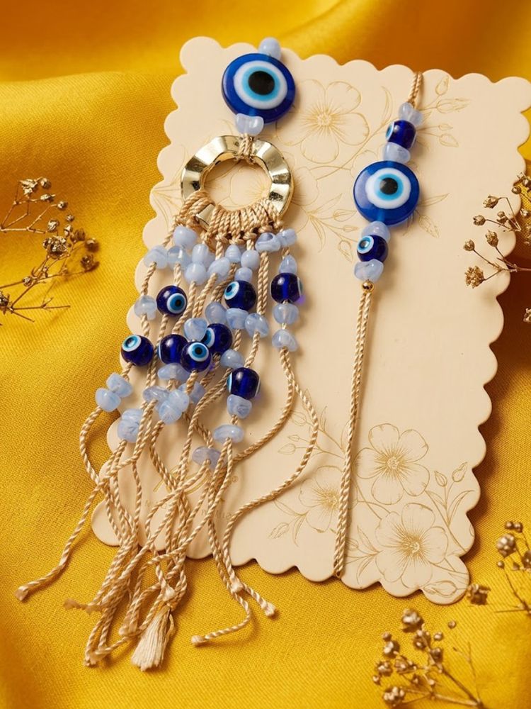 NVR Set of 2 Gold Toned Round Evil Eye Bhaiya Bhabhi Rakhi with Roli Chawal Chandan Mishri - Dista