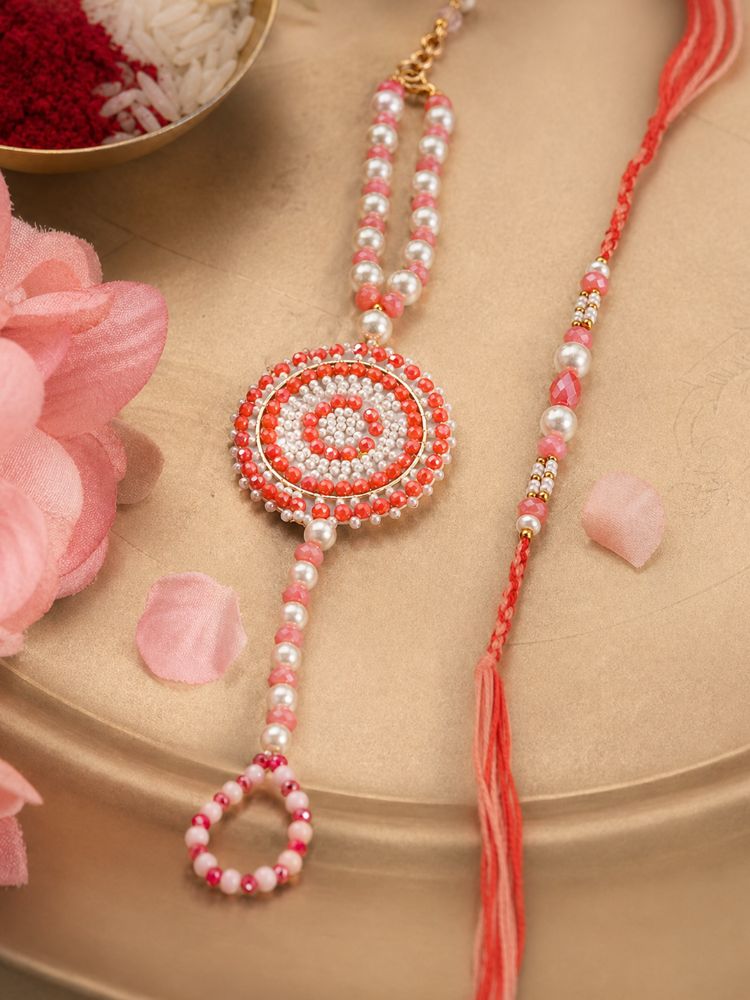 NVR Set of 2 Gold Toned Pearls & Beads Round Shape Bhaiya Bhabhi Rakhi with Roli Chawal - Dista