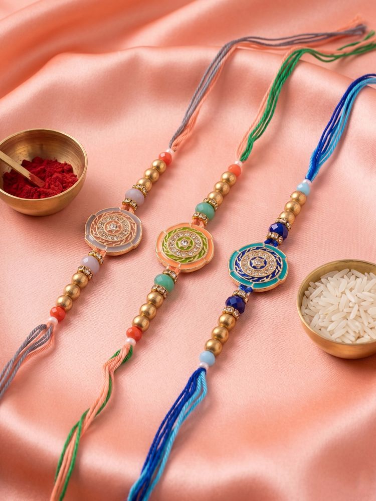 NVR Set of 3 Floral Design Multicolor Artificial Beads Thread Rakhi With Roli Chawal - Dista