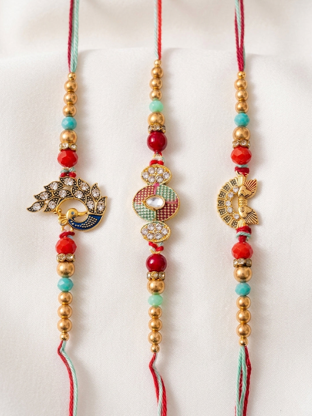 NVR Set of 3 Artificial Stones & Beads Decorative Thread Rakhi with Roli Chawal Chandan - Dista