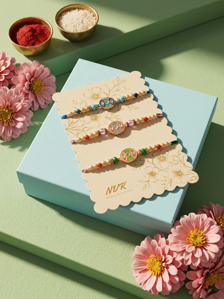 NVR Set of 3 Multicolor Artificial Stones & Beads Thread Rakhi with Roli Chawal Chandan - Dista